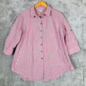 Joan Rivers Red Striped Seersucker Roll Tab Sleeve Button Back Top Preppy Size L